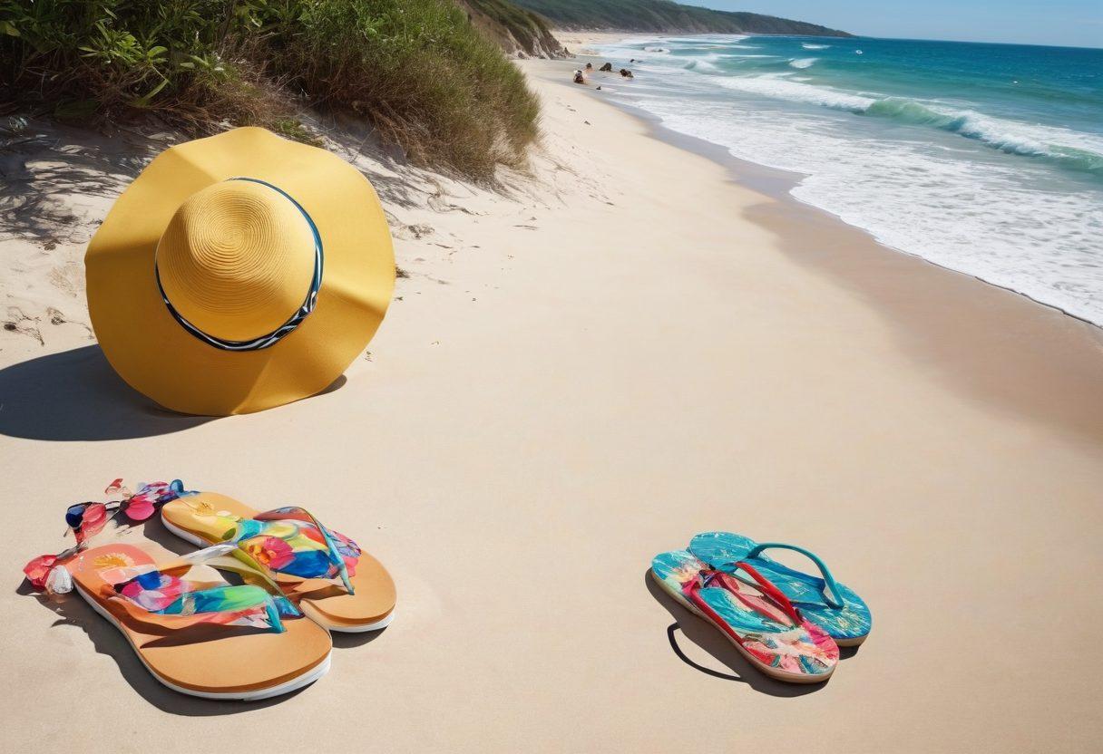 A picturesque beach scene featuring a vibrant display of various bikini tops and bottoms arranged artfully on a sun-bleached sandy shore. The backdrop should include clear blue skies, gentle waves, and colorful beach umbrellas, creating a relaxed summer vibe. Add playful accessories like sunglasses, flip-flops, and a straw hat for a fun touch. The setting should exude warmth and invite viewers to enjoy sunny days by the ocean. super-realistic. vibrant colors. summer vibes.