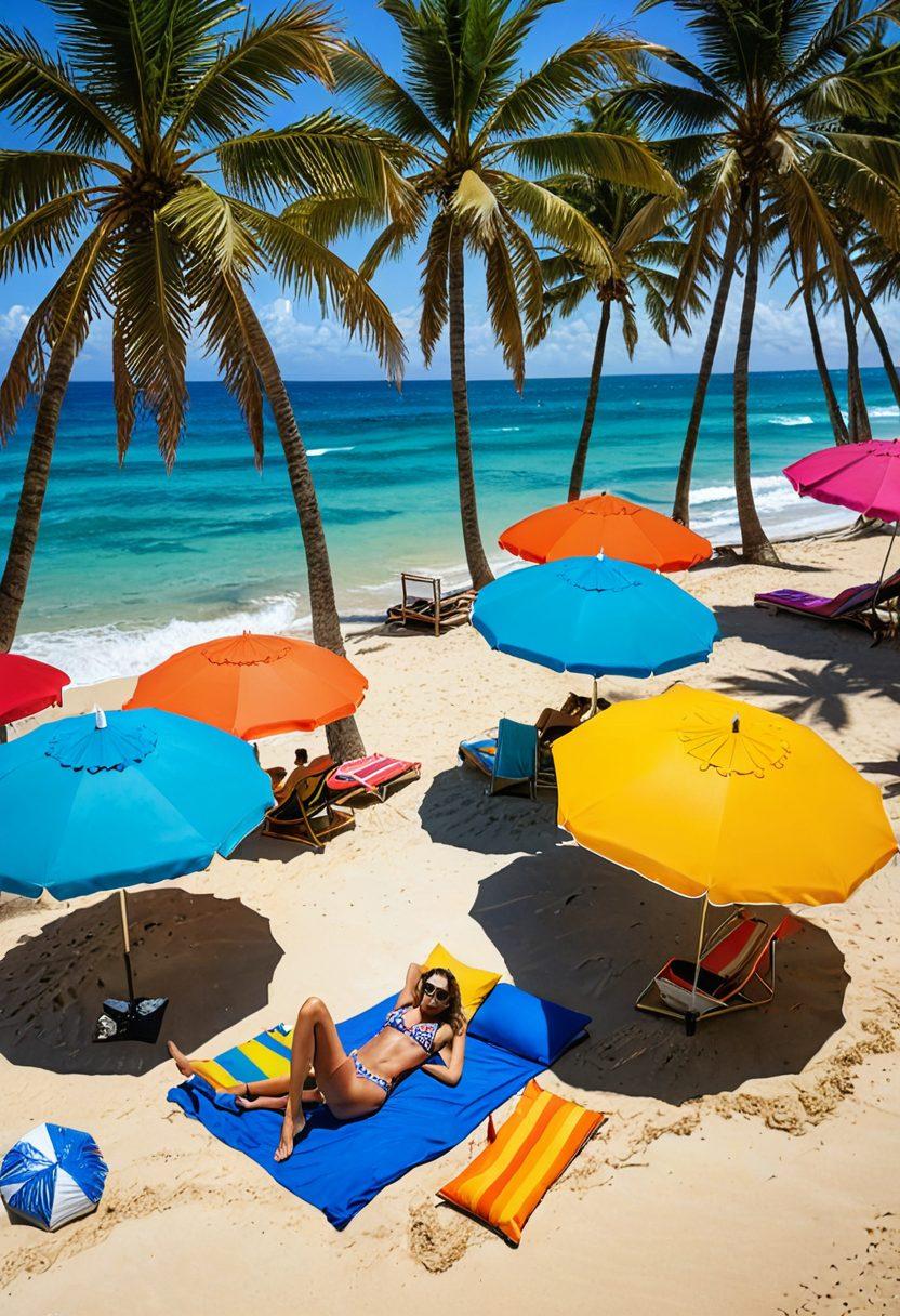 A vibrant beach scene showcasing a diverse group of models in the latest bikini styles, embodying summer swimwear trends. Include colorful umbrellas, sunbathers, and a clear blue ocean in the background, with intricate details on the bikinis, such as patterns and textures. Highlight a sunny atmosphere and playful vibes. super-realistic. vibrant colors. tropical theme.